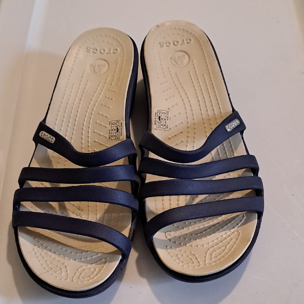 Crocs Rhonda Wedge Sandals Navy Blue Strappy Slide Women's Sz 8/9